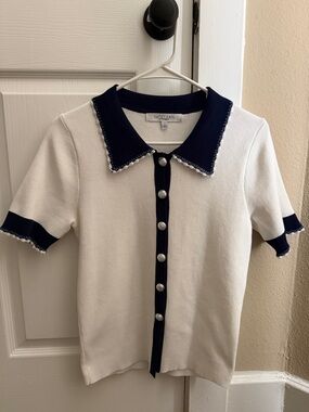 Sweet Rain White Knit Polo with Navy Trim and Silver Buttons